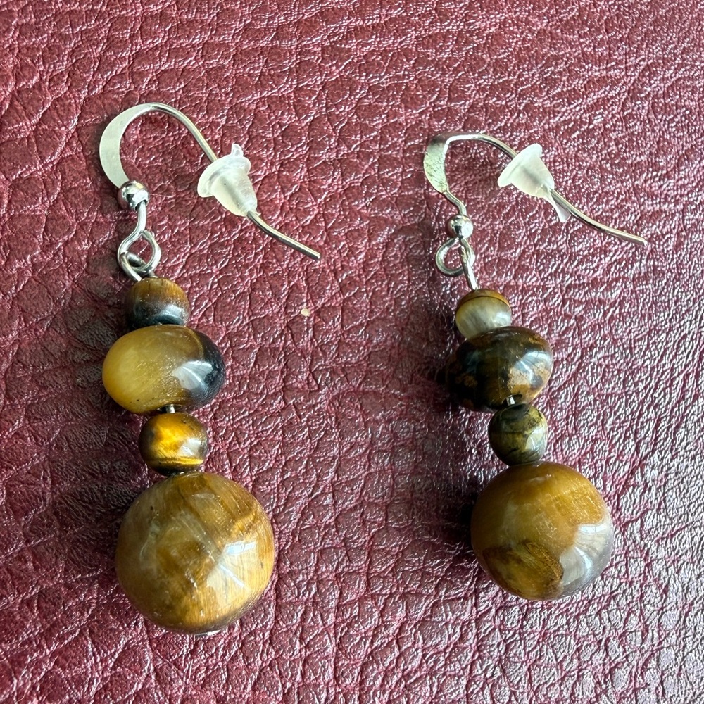 Natural Tiger's Eye Bead Drop Earrings - Brown